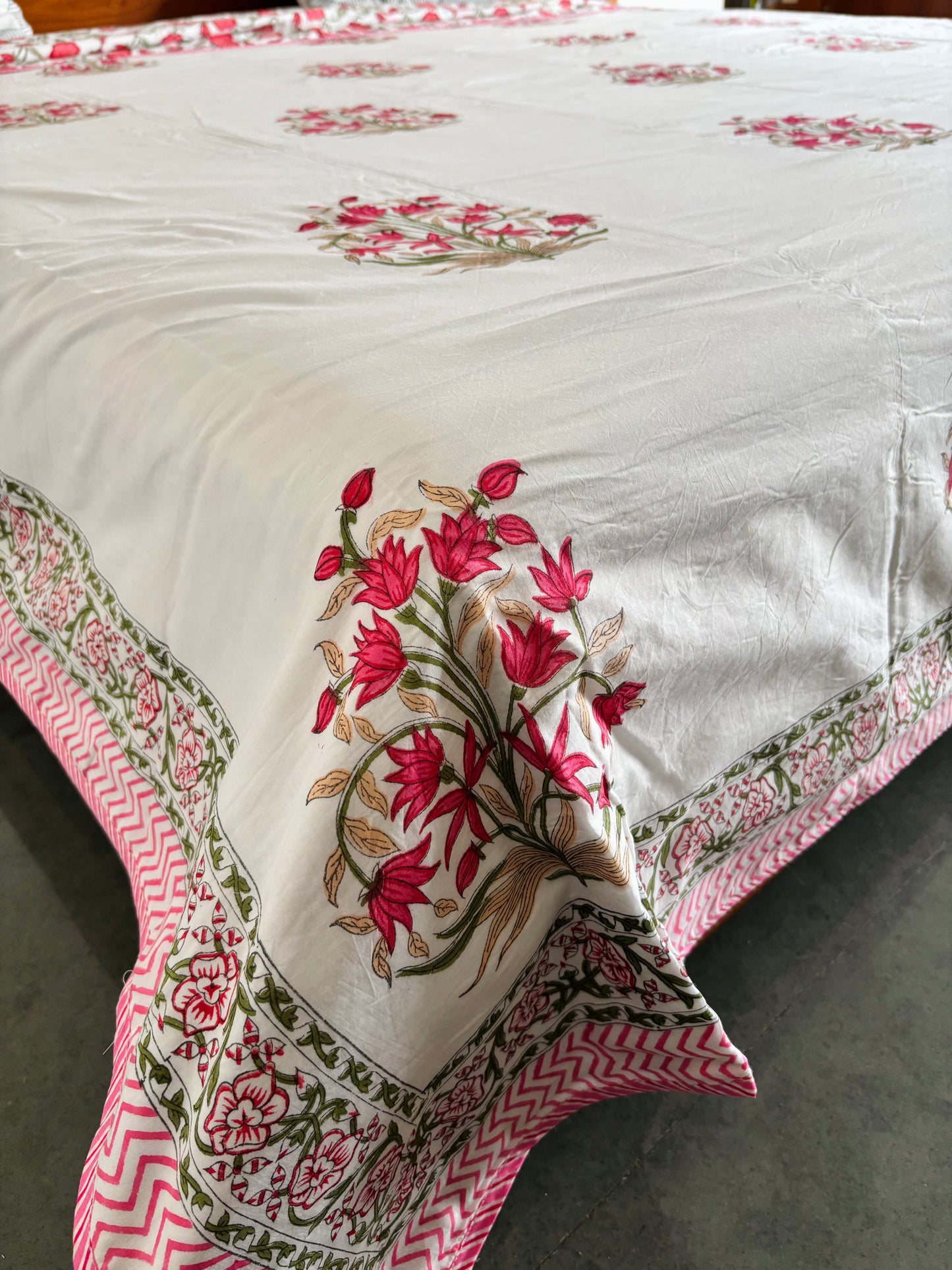 Pink Floral Fiesta Reversible Hand Block Printed Cotton Dohar — King Size