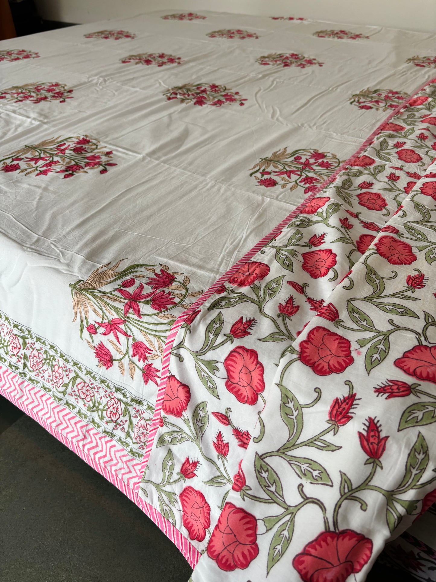 Pink Floral Fiesta Reversible Hand Block Printed Cotton Dohar — King Size