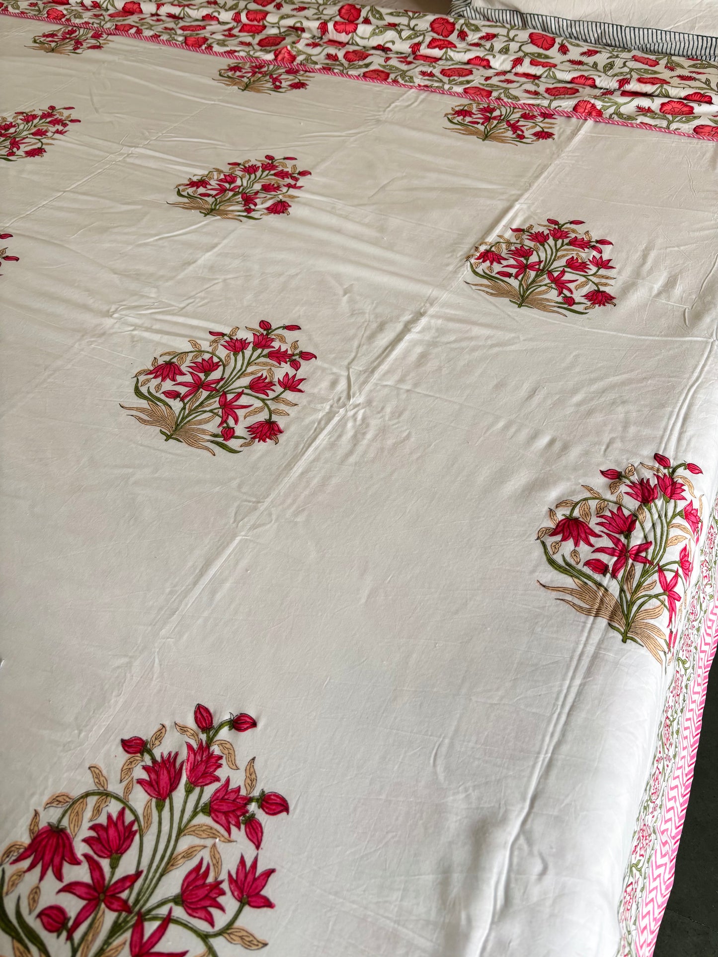 Pink Floral Fiesta Reversible Hand Block Printed Cotton Dohar — King Size