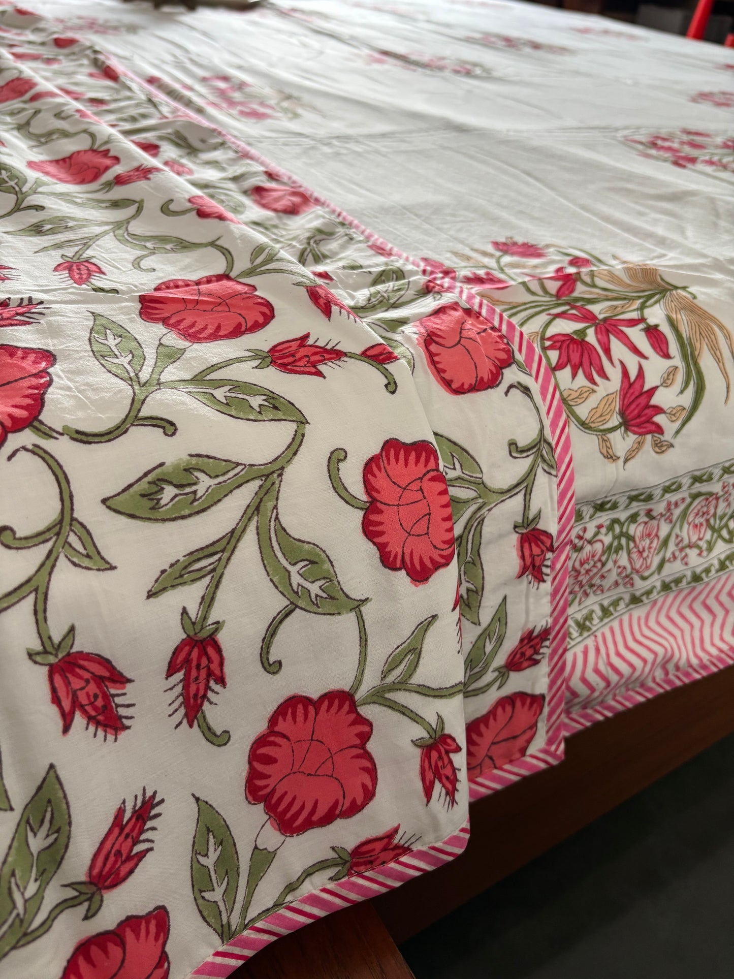 Pink Floral Fiesta Reversible Hand Block Printed Cotton Dohar — King Size