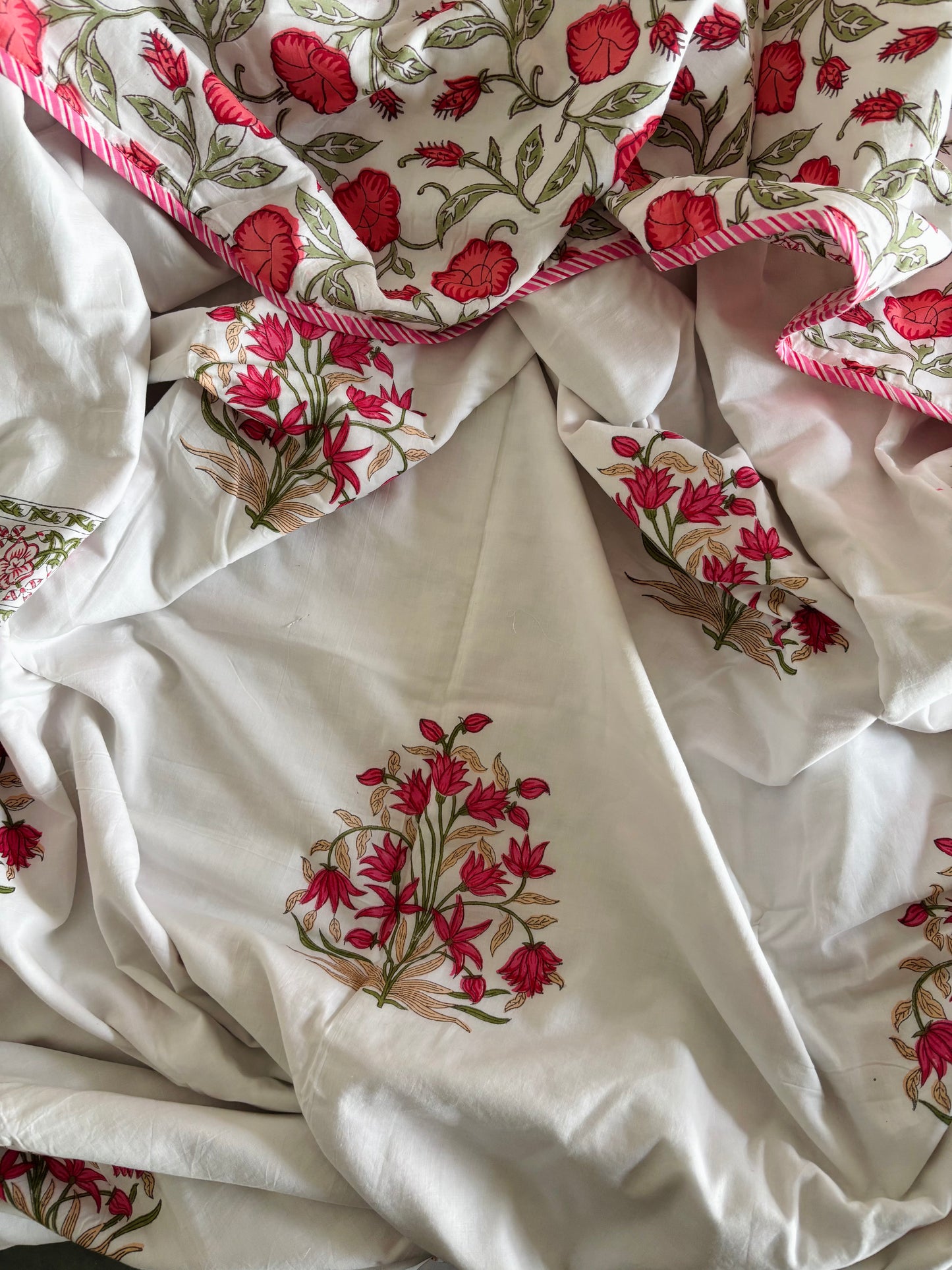 Pink Floral Fiesta Reversible Hand Block Printed Cotton Dohar — King Size