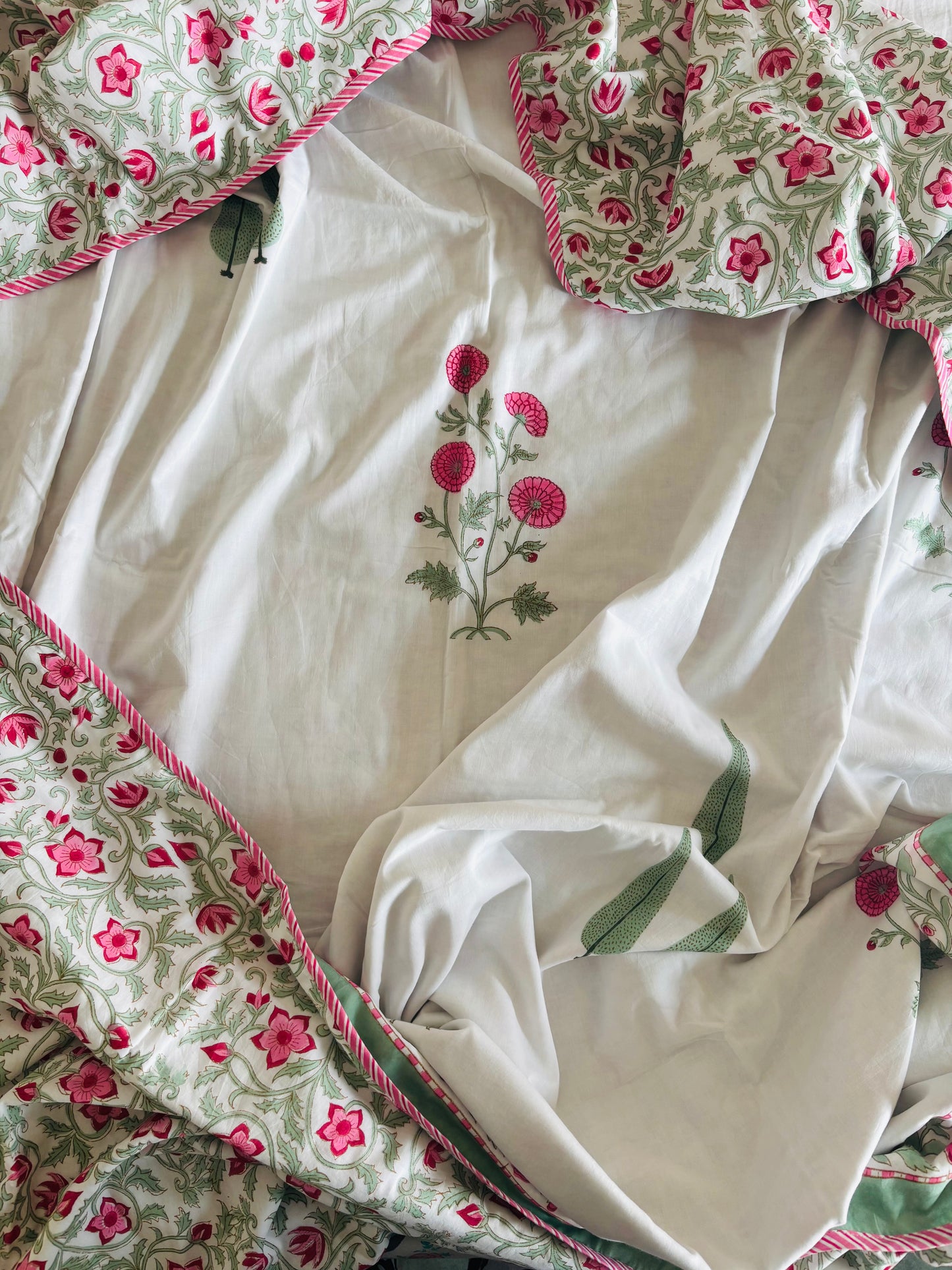 Gulabi Phool Reversible Hand Block Printed Cotton Dohar — Single Bed