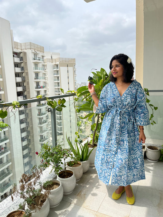 Blue Bliss Floral Waffle Cotton Bathrobe