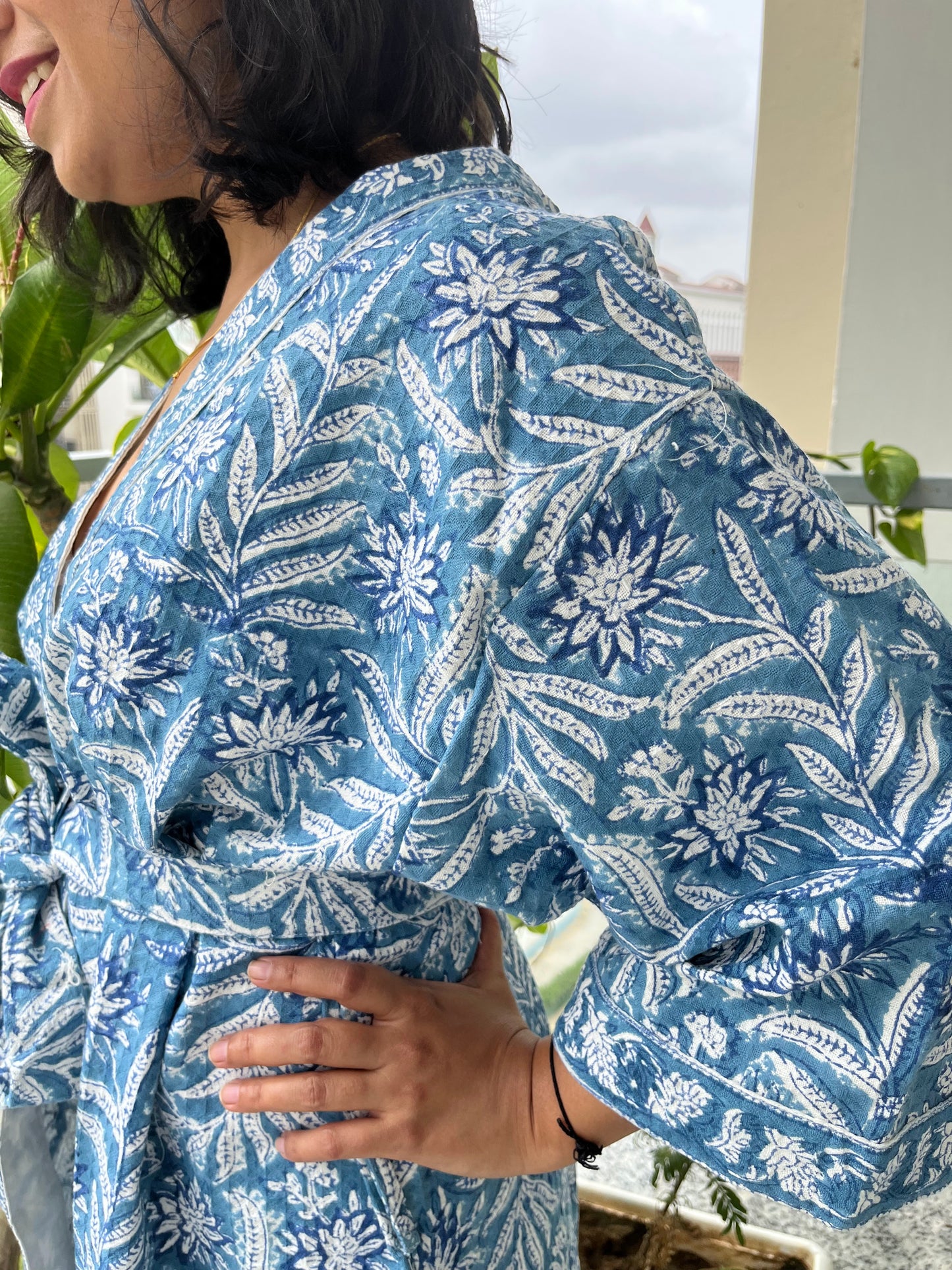 Blue Bliss Floral Waffle Cotton Bathrobe