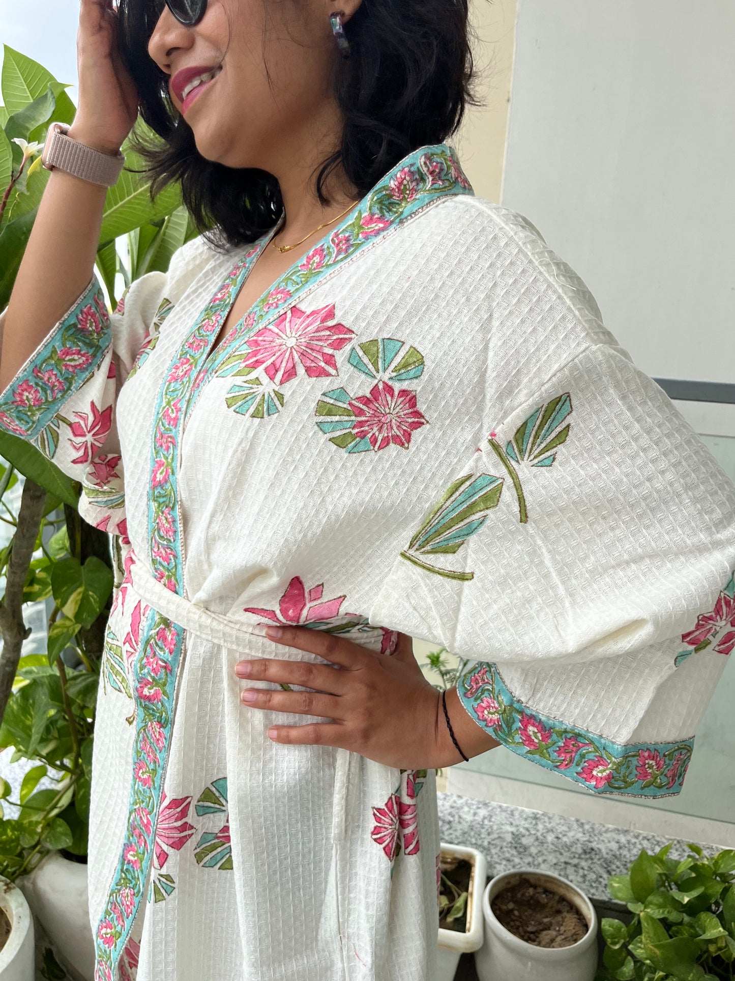 Lotus Blooms Waffle Cotton Bathrobe