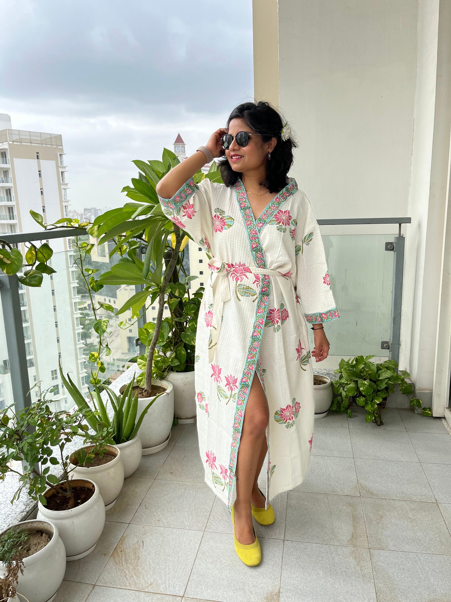 Lotus Blooms Waffle Cotton Bathrobe