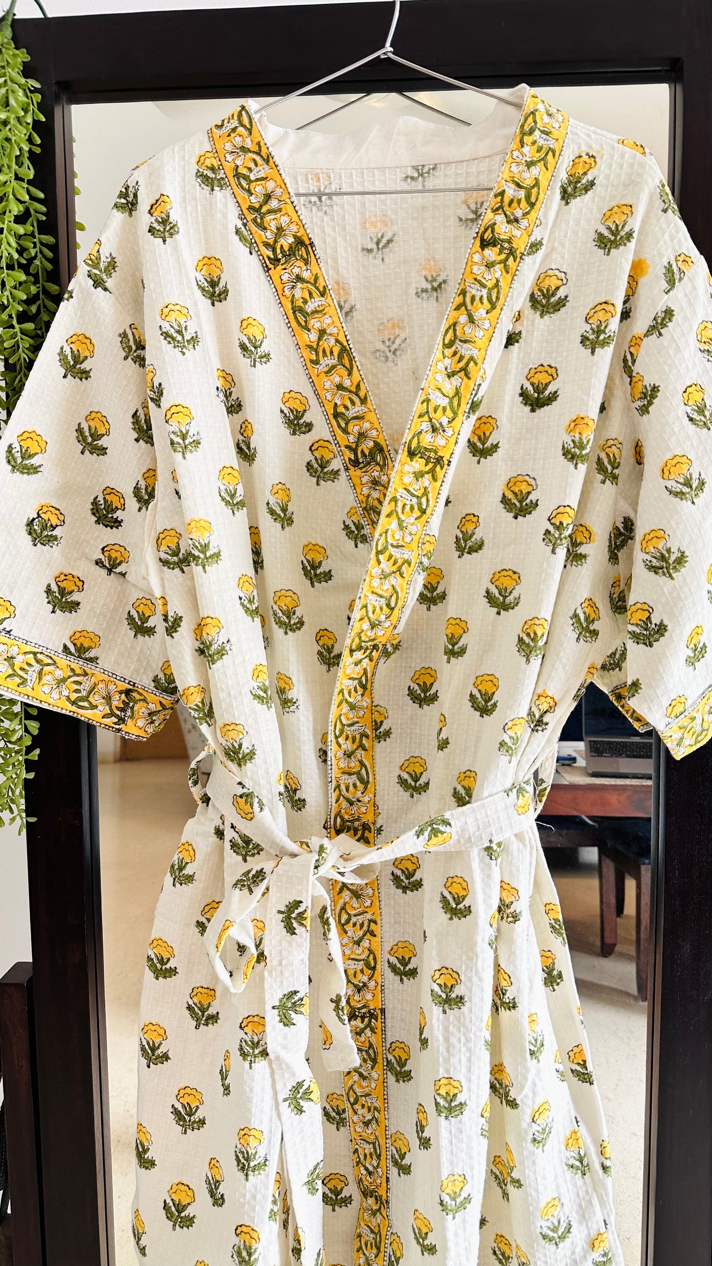 Yellow Floral Luxury Waffle Cotton Bathrobe