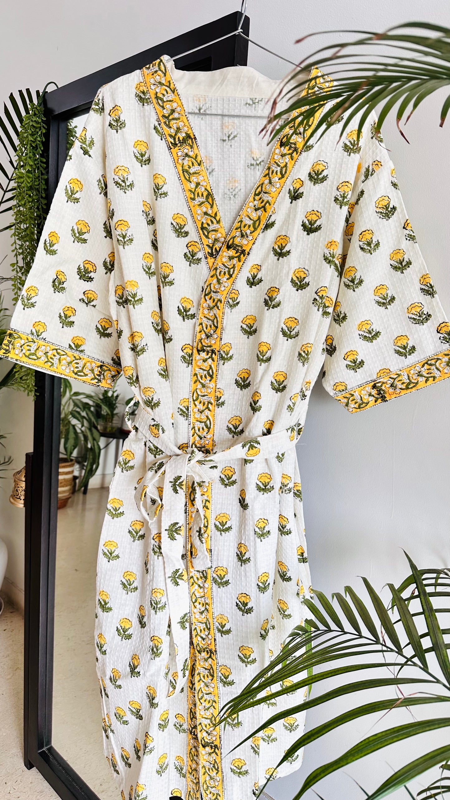 Yellow Floral Luxury Waffle Cotton Bathrobe