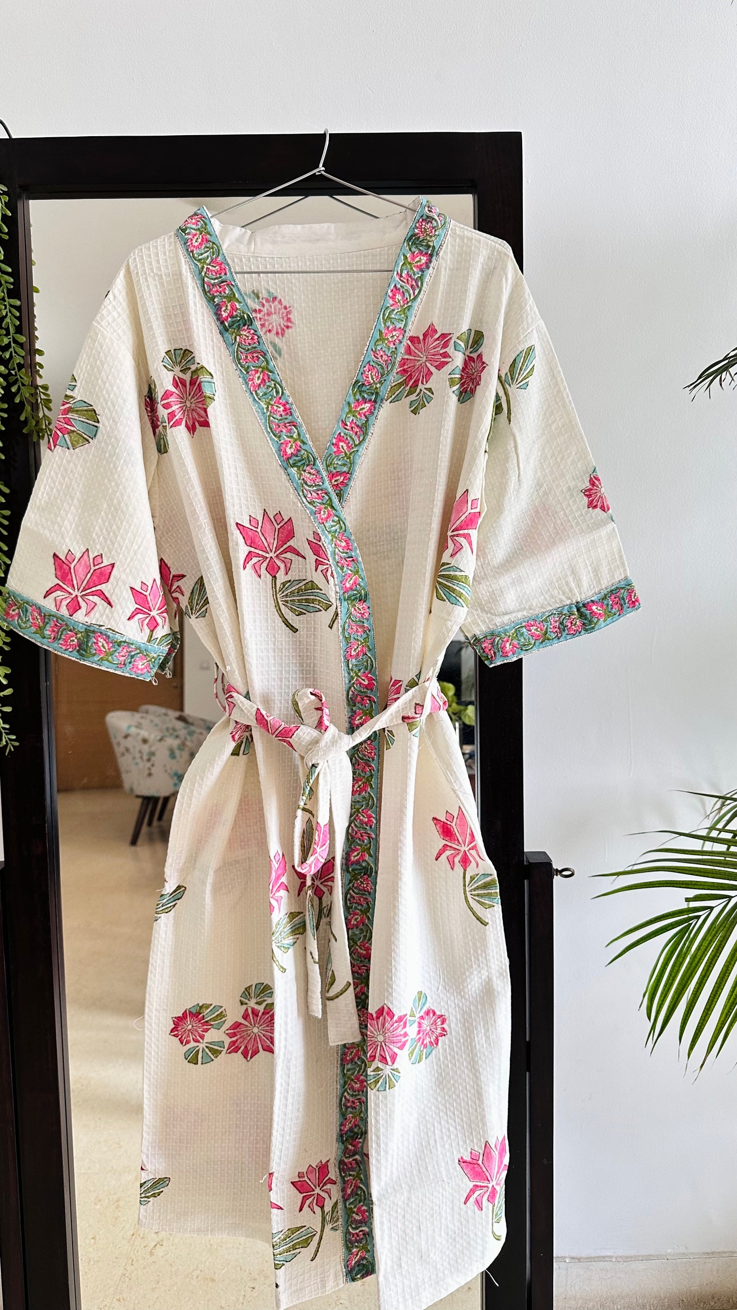 Lotus Blooms Waffle Cotton Bathrobe