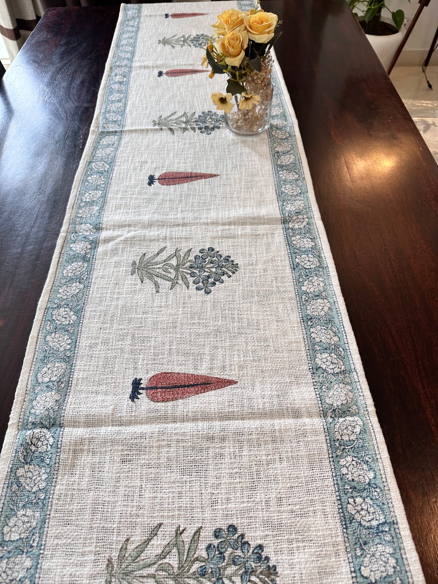 Aqua Cherry Linen Table Runner