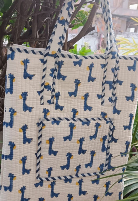 Blue Giraffe Handblock Printed Tote Bag