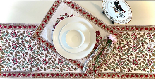 Blockprint Red and Green Floral Table Runner Set
