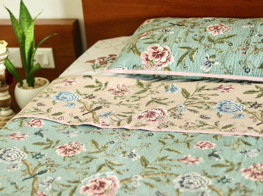 Mint green Pink Floral Bedcover Set