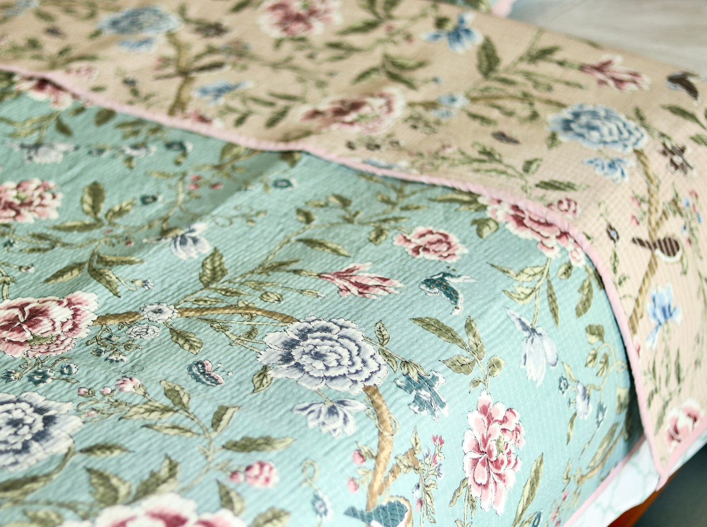 Mint green Pink Floral Bedcover Set