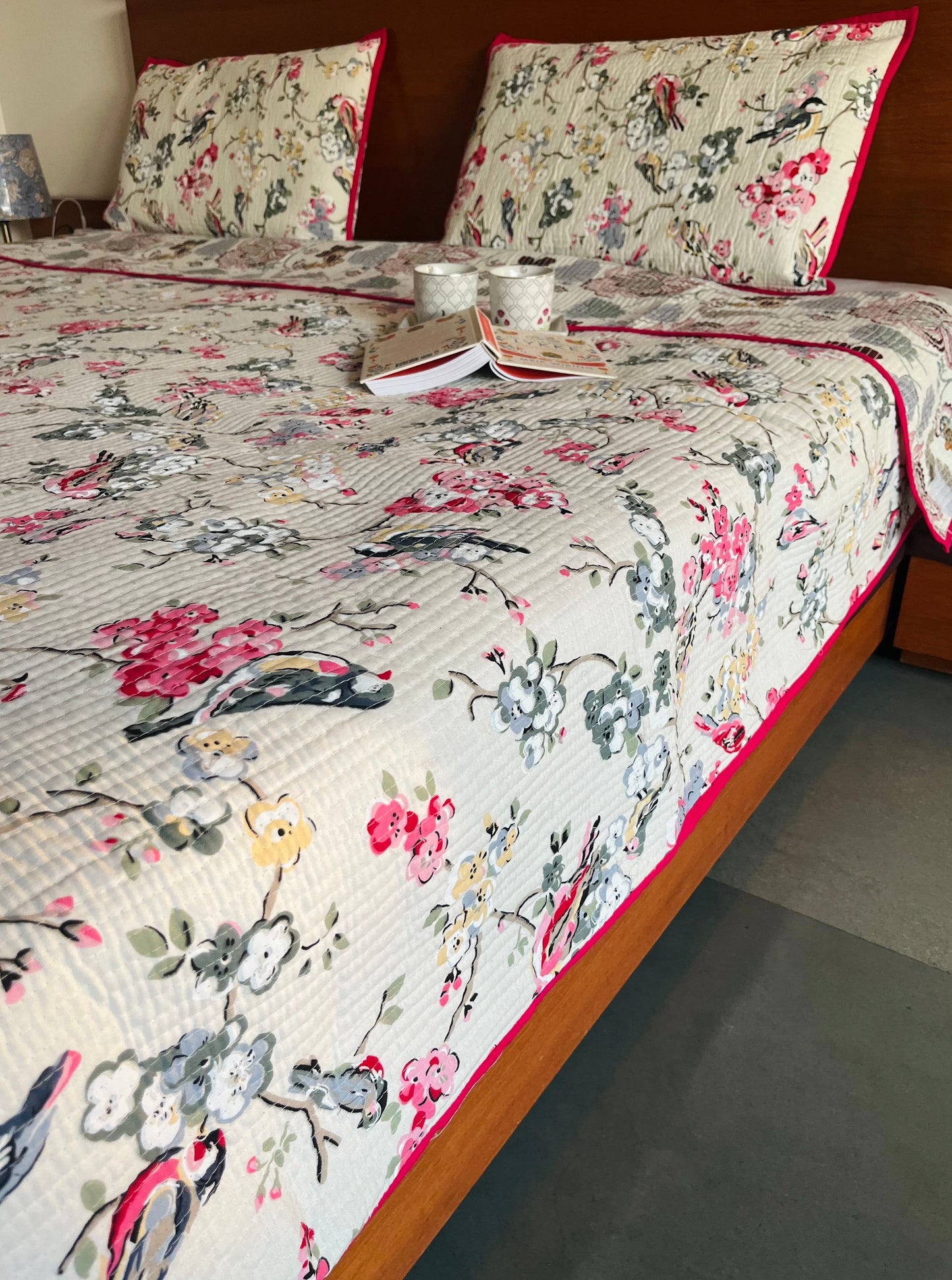 Pink Bird Floral Bedcover