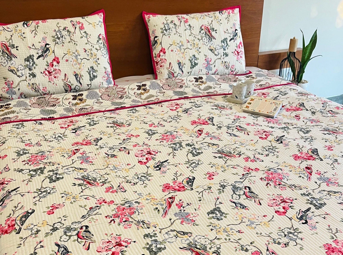 Pink Bird Floral Bedcover